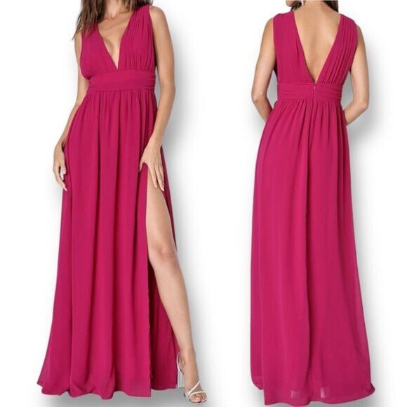 Lulus M Magenta Chiffon Maxi Dress Side Slit V-Neck Bridesmaid Wedding Guest - Picture 1 of 10